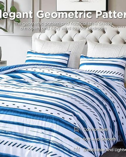 Sophia & William King Size Comforter Set for All Season, 3 Pcs Bedding Set with Navy Printed Comforter with & 2 Pillowcases - LeafyLoom