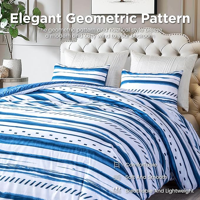 Sophia & William King Size Comforter Set for All Season, 3 Pcs Bedding Set with Navy Printed Comforter with & 2 Pillowcases - LeafyLoom