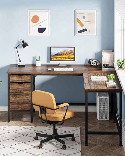 Tribesigns L Shaped Desk with File Drawer Cabinet, 59 Inch Corner Desk L Shaped Computer Desk with Drawers, PC Table Writing Desk for Home Office, Rustic Brown - LeafyLoom
