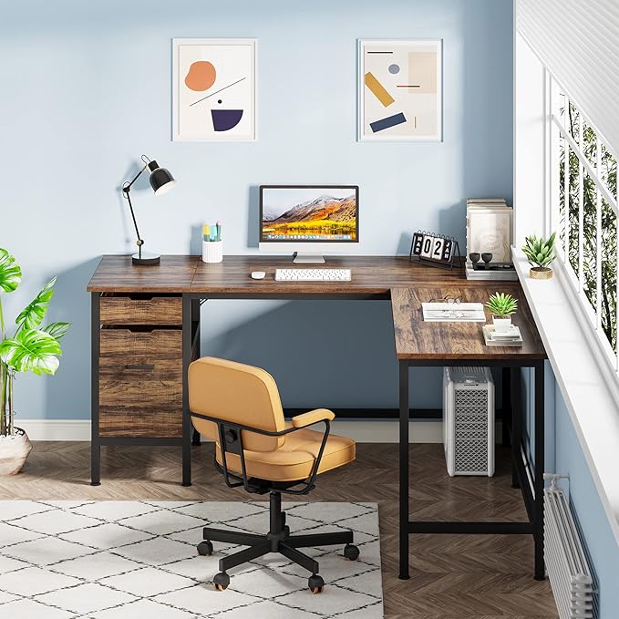 Tribesigns L Shaped Desk with File Drawer Cabinet, 59 Inch Corner Desk L Shaped Computer Desk with Drawers, PC Table Writing Desk for Home Office, Rustic Brown - LeafyLoom