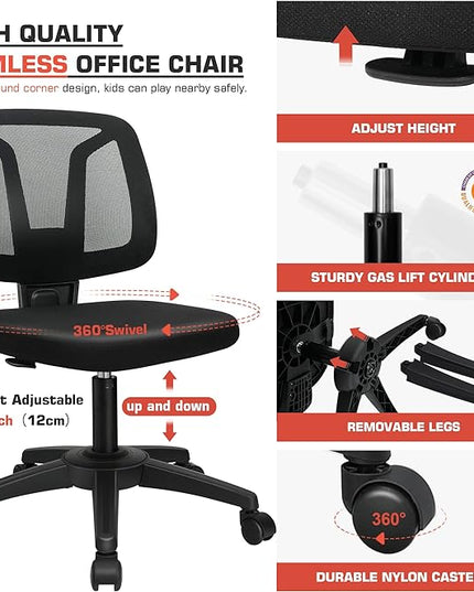 Armless Mesh Office Chair Ergonomic Swivel Black Small Computer Desk Chair No Arms with Lumbar Support Height Adjustable Task Chair for Adults and Kids - LeafyLoom