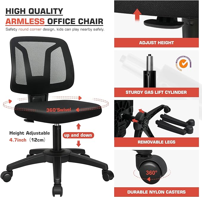 Armless Mesh Office Chair Ergonomic Swivel Black Small Computer Desk Chair No Arms with Lumbar Support Height Adjustable Task Chair for Adults and Kids - LeafyLoom