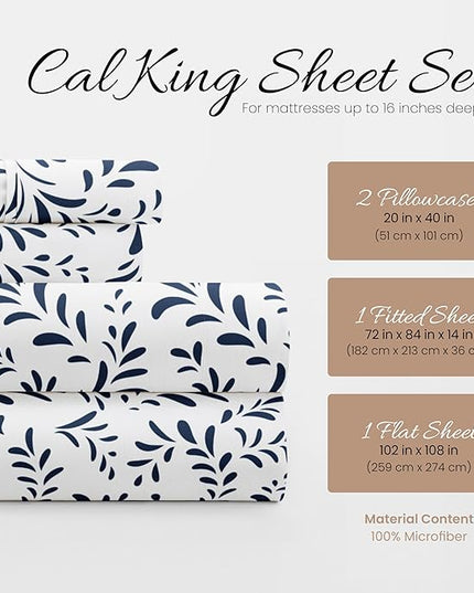 4 Piece California King Bedding Sheet Set (Navy Vines) - Sleep Better Than Ever with These Ultra-Soft & Cooling Bed Sheets for Your Cal King Size Bed - Deep Pocket Fits 16" Mattress - LeafyLoom