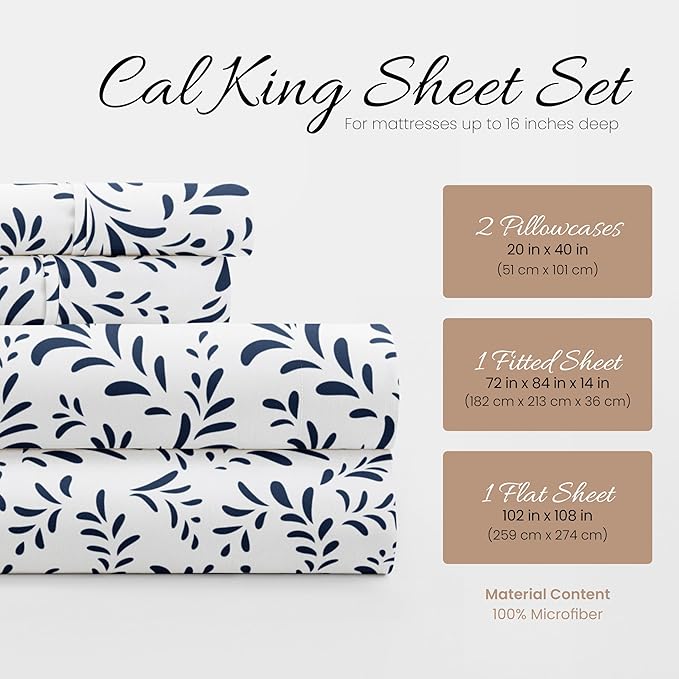 4 Piece California King Bedding Sheet Set (Navy Vines) - Sleep Better Than Ever with These Ultra-Soft & Cooling Bed Sheets for Your Cal King Size Bed - Deep Pocket Fits 16" Mattress - LeafyLoom