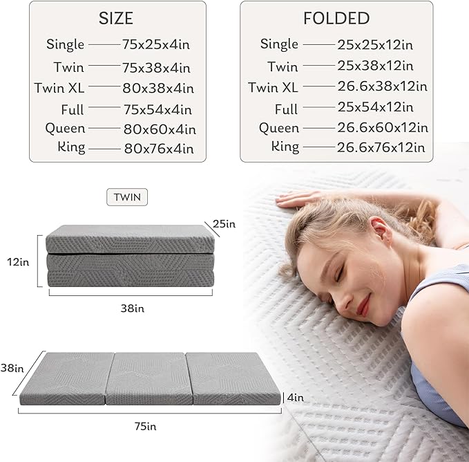Tri-Fold Memory Foam Mattress, 4 inch Twin Folding Mattress with Collapsible and Washable Cover, Travel and Guest Mat, 75"×38"×4", Grey - LeafyLoom