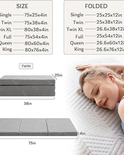 Tri-Fold Memory Foam Mattress, 4 inch Queen Folding Mattress with Collapsible and Washable Cover, Travel and Guest Mat, 80"×60"×4", Grey - LeafyLoom