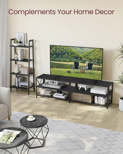 VASAGLE TV Stand, TV Console for TVs Up to 75 Inches, TV Table, 70.1 Inches Width, TV Cabinet with Storage Shelves, Steel Frame, for Living Room, Bedroom, Black with Wood Grain ULTV096B22 - LeafyLoom
