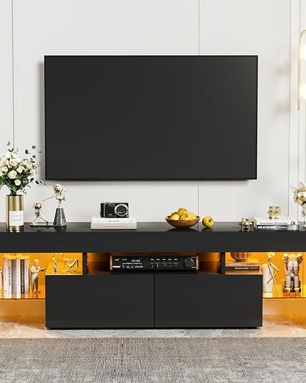 YESHOMY Modern LED TV Stand for Televisions up to 70 Inch with Glass Shelves and Drawer, Gaming Entertainment Center with Multiple Dynamic RGB Modes, for Livingroom, Bedroom, 60 Inch, Black - LeafyLoom