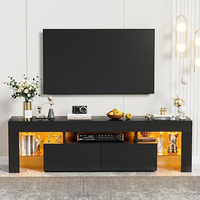 YESHOMY Modern LED TV Stand for Televisions up to 70 Inch with Glass Shelves and Drawer, Gaming Entertainment Center with Multiple Dynamic RGB Modes, for Livingroom, Bedroom, 60 Inch, Black - LeafyLoom