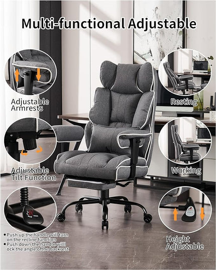 Fabric Office Chair, Big and Tall Office Chair 400 lb Weight Capacity, High Back Executive Office Chair with Foot Rest, Ergonomic Office Chair for Back Pain Relief, Gray - LeafyLoom