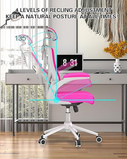 𝑯𝑶𝑴𝑬 𝑶𝑭𝑭𝑰𝑪𝑬 𝑪𝑯𝑨𝑰𝑹, Ergonomic Mesh Desk Chair, High Back Computer Chair- Adjustable Headrest with Flip-Up Arms, Lumbar Support, Swivel Executive Task Chair (Modern, Neon Pink) - LeafyLoom