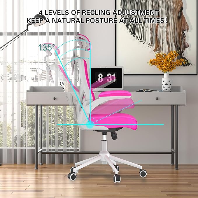 𝑯𝑶𝑴𝑬 𝑶𝑭𝑭𝑰𝑪𝑬 𝑪𝑯𝑨𝑰𝑹, Ergonomic Mesh Desk Chair, High Back Computer Chair- Adjustable Headrest with Flip-Up Arms, Lumbar Support, Swivel Executive Task Chair (Modern, Neon Pink) - LeafyLoom
