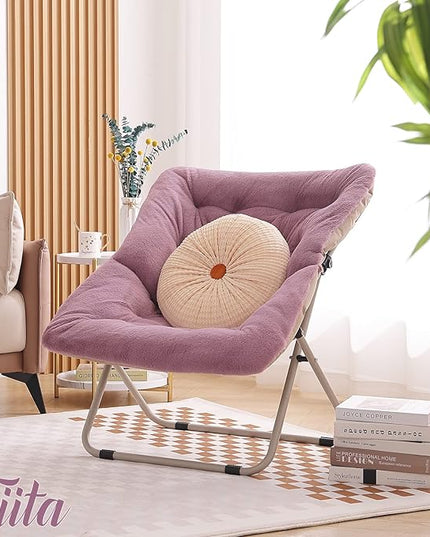 Tiita Comfy Saucer Chair, Soft Faux Fur Oversized Folding Accent Chair, Lounge Lazy Chair for Kids Teens Adults, Metal Frame Moon Chair for Bedroom, Living Room, Dorm Rooms - LeafyLoom