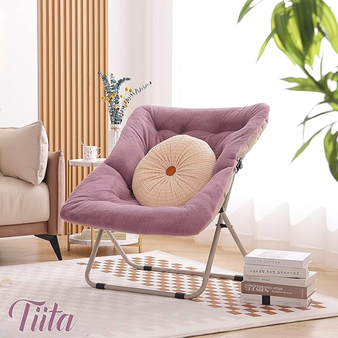 Tiita Comfy Saucer Chair, Soft Faux Fur Oversized Folding Accent Chair, Lounge Lazy Chair for Kids Teens Adults, Metal Frame Moon Chair for Bedroom, Living Room, Dorm Rooms - LeafyLoom