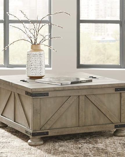 Signature Design by Ashley Aldwin Farmhouse Square Coffee Table with Lift Top for Storage, Grayish Brown, 36 in x 36 in x 18 in - LeafyLoom