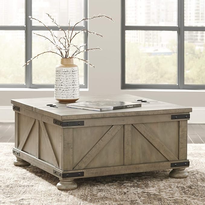 Signature Design by Ashley Aldwin Farmhouse Square Coffee Table with Lift Top for Storage, Grayish Brown, 36 in x 36 in x 18 in - LeafyLoom