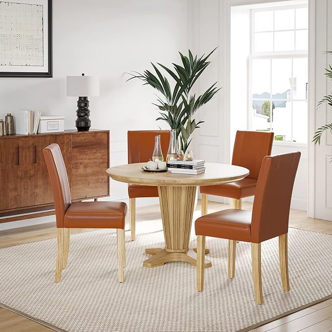 Soohow Upholstered Set of 2, Indoor Room Armless Kitchen Table Parson Chairs Set of 4 with Solid Wood Legs, Dining Chiar 4pcs, Brown Leather - LeafyLoom