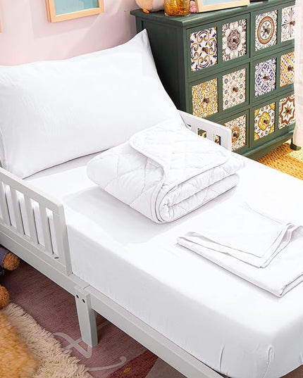 NTBAY Toddler Bedding Set - 4 Piece Soft and Breathable Crib Bedding Set for Boys and Girls, Includes Quilted Comforter, Fitted Sheet, Flat Top Sheet and Envelope Pillowcase, White - LeafyLoom
