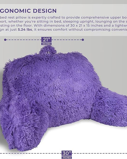 Klear Vu Shaggy Reading Pillow Back Rest Body Pillow for Adults and Kids, Lumbar and Arm Support on Bed, Chair, Couch, Sofa and Floor, 30" x 21", One Size, Purple Rain - LeafyLoom