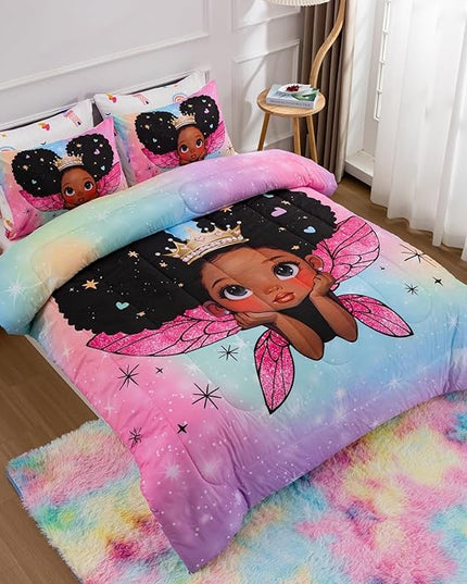 A Nice Night Black Girl Princess with Wings Comforter Set,Pink Gradient Glitter Rainbow Galaxy 6pcs Kids Bedding Set,Full - LeafyLoom