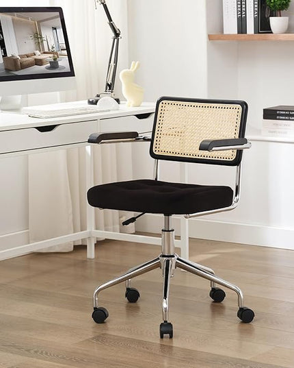 Zesthouse Modern Home Office Chair Velvet Desk Chair with Natural Rattan Back, Vanity Chair for Girls Women, Upholstered Tufted Swivel Armchair, Height Adjustable Computer Task Chair, Black - LeafyLoom