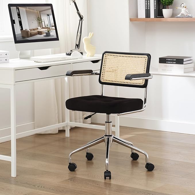 Zesthouse Modern Home Office Chair Velvet Desk Chair with Natural Rattan Back, Vanity Chair for Girls Women, Upholstered Tufted Swivel Armchair, Height Adjustable Computer Task Chair, Black - LeafyLoom