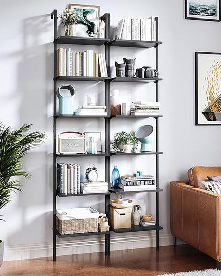 ODK Ladder Shelf, 6 Tier Black Bookshelf, 86 Inch Wall Mounted Book Shelf with Metal Frame, Ladder Bookshelf Bookcase for Bedroom, Home Office and Living Room - LeafyLoom