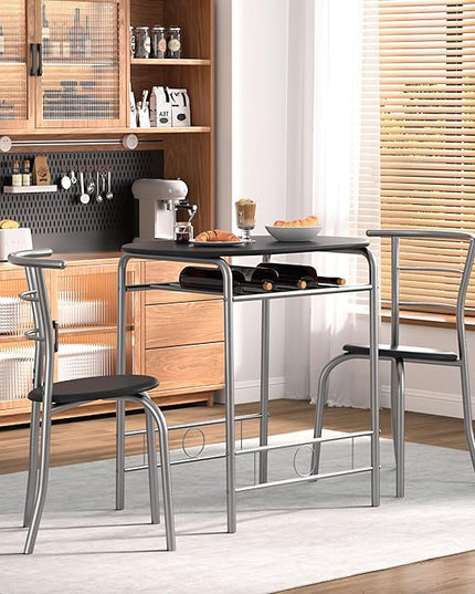 VECELO 3-Piece Dining Table Set for Kitchen Breakfast Nook, Wood Grain Oval Tabletop and Metal Frame with Built-in Wine Rack, for Small Spaces, 31.5", Black and Silver - LeafyLoom