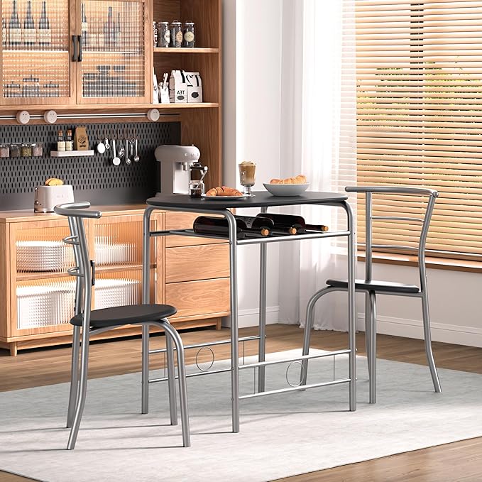 VECELO 3-Piece Dining Table Set for Kitchen Breakfast Nook, Wood Grain Oval Tabletop and Metal Frame with Built-in Wine Rack, for Small Spaces, 31.5", Black and Silver - LeafyLoom