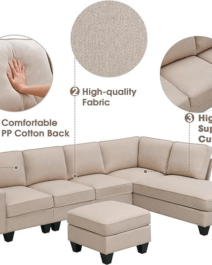 104" L-shaped Sectional Sofa, 7 Seater Couch Set with Chaise Lounge and Convertible Ottoman, Comfy Sectional Sofa for Living Room, Apartment, Office - LeafyLoom