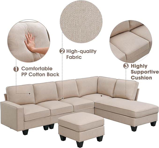 104" L-shaped Sectional Sofa, 7 Seater Couch Set with Chaise Lounge and Convertible Ottoman, Comfy Sectional Sofa for Living Room, Apartment, Office - LeafyLoom