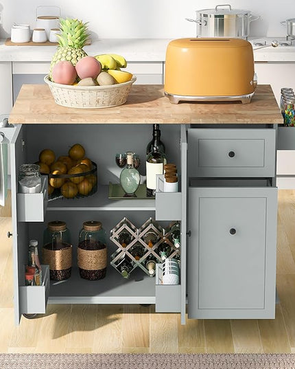 Kitchen Island with Drop Leaf,53.9" W Rolling Mobile Kitchen Cart W/Storage Rack,3 Tier Pull Out Cabinet Organizer,Spice-Rack&Towel-Rack,for Dining Room,Home Bar,Grey Blue - LeafyLoom