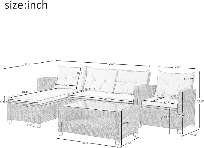 4-Piece Outdoor Rattan Sofa Sets, Patio Furniture Conversation Sectional Couch with Chaise Lounge, Single Sofachair, Seat Cushions and Glass Table, for Garden Backyard Deck, Onesize, Beige - LeafyLoom
