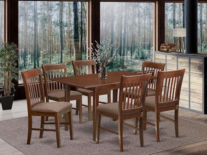East West Furniture NOFK7-MAH-C 7 Piece Modern Dining Set Consist of a Rectangle Wooden Table with Butterfly Leaf and 6 Linen Fabric Upholstered Chairs, 32x54 Inch - LeafyLoom