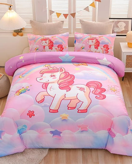 Aimuan Girls Unicorn Comforter Set 3 Pieces Pink Purple Bedding Set with Rainbow Star Galaxy Stars Fantasy Children Room Decor Soft Reversible Bed Sets for Boys/Girls/Teens (Pink Twin3Pcs) - LeafyLoom