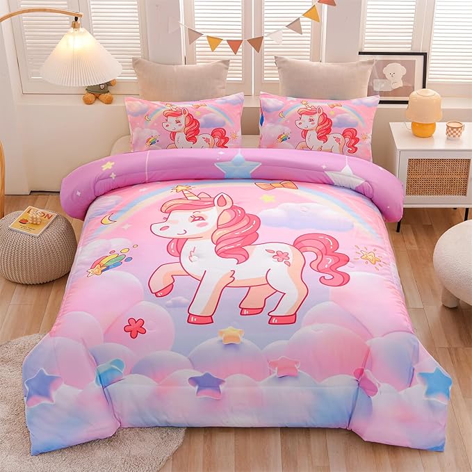 Aimuan Girls Unicorn Comforter Set 3 Pieces Pink Purple Bedding Set with Rainbow Star Galaxy Stars Fantasy Children Room Decor Soft Reversible Bed Sets for Boys/Girls/Teens (Pink Twin3Pcs) - LeafyLoom