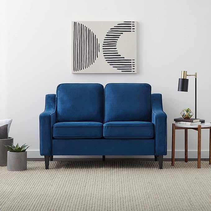 Edenbrook Jensen Upholstered Loveseat – Blue Velvet Loveseat - Living Room Furniture - Small Loveseat- Seats Two - Scoop Arm Modern Couch - Couches for Living Room - LeafyLoom