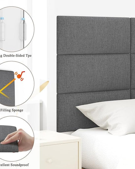 King Headboard, Wall Mounted Peel and Stick Headboard, Upholstered Tufted Bed Headboard for King Size Bed, Floating Dorm Bedroom Tall Headboard Soundproof Wall Panels (12 Panels, 10"x24") - LeafyLoom
