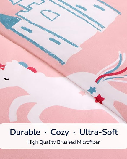 SLEEP ZONE Kids Bedding Comforter Set Full/Queen Size - Super Cute & Soft Kids Bedding 7 Pieces Set with Comforter, Sheet, Pillowcase & Sham (Unicorn Castle) - LeafyLoom