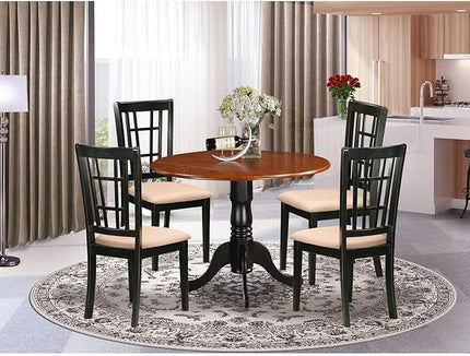 East West Furniture DLNI5-BCH-C 5 Piece Room Set Includes a Round Dining Table with Dropleaf and 4 Linen Fabric Upholstered Chairs, 42x42 Inch - LeafyLoom