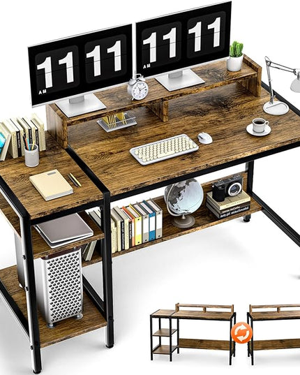 Gimars Upgrade 47” Computer Home Office Desk with Monitor Stand, Rustic Writing Desk with Adjustable Shelves & Large Bookshelf, Easy Assembly Gaming Desk, Spacious, Modren Design for Home Office - LeafyLoom