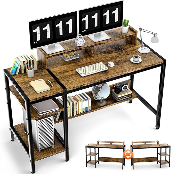 Gimars Upgrade 47” Computer Home Office Desk with Monitor Stand, Rustic Writing Desk with Adjustable Shelves & Large Bookshelf, Easy Assembly Gaming Desk, Spacious, Modren Design for Home Office - LeafyLoom