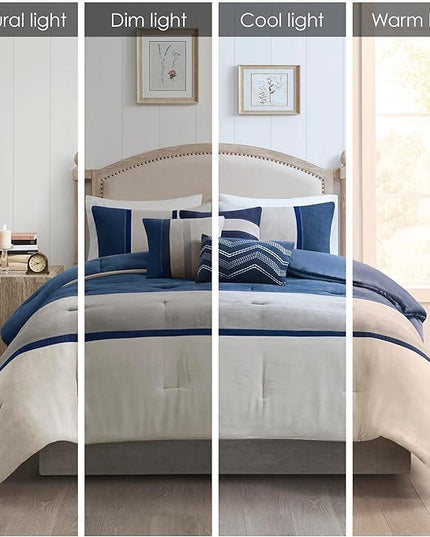 Madison Park Palisades Comforter Set Modern Faux Suede Pieced Stripe Design, All Season Down Alternative Cozy Bedding with Matching Shams, Decorative Pillows, Cal King(104"x92"), Blue 7 Piece - LeafyLoom