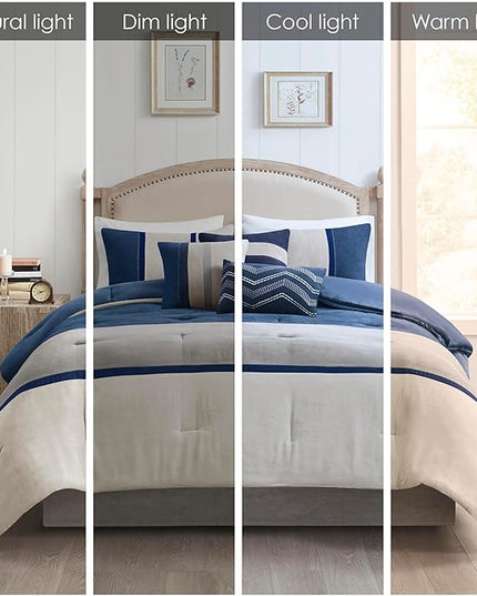 Madison Park Palisades Comforter Set Modern Faux Suede Pieced Stripe Design, All Season Down Alternative Cozy Bedding with Matching Shams, Decorative Pillows, King(104"x92"), Blue 7 Piece - LeafyLoom