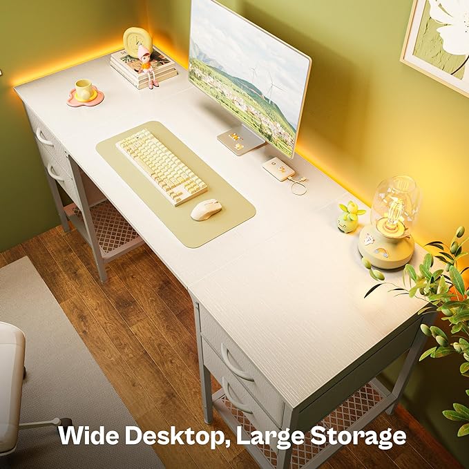 55 Inch Computer Desk with 4 Drawers, Office Desk with Mesh Shelf, Gaming Desk, Large Storage, Writing Desk Work Desk for Home Office, Study, Bedroom, Work from Home, White - LeafyLoom