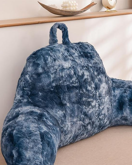 A Nice Night Faux Fur Soft Reading Pillow Bed Wedge Adult Backrest with Arms Back Support for Sitting Up in Bed/Couch for Bedrest,Tie Dyed Navy,Large - LeafyLoom