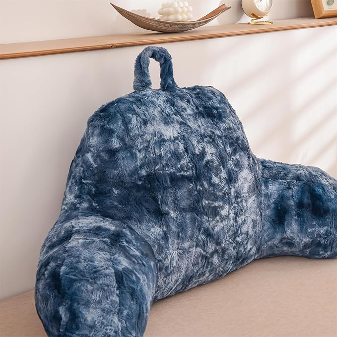 A Nice Night Faux Fur Soft Reading Pillow Bed Wedge Adult Backrest with Arms Back Support for Sitting Up in Bed/Couch for Bedrest,Tie Dyed Navy,Large - LeafyLoom