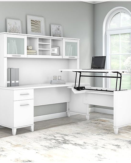 Bush SET015WH Somerset 35-Inch -41-Inch Adjustable Desk with Hutch, White - LeafyLoom