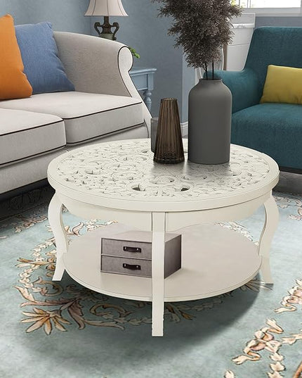 FINECASA Round White Coffee Table, 33.7x19 inches, Glass Top, Vintage Boho Design, Wood, White Patterned - LeafyLoom