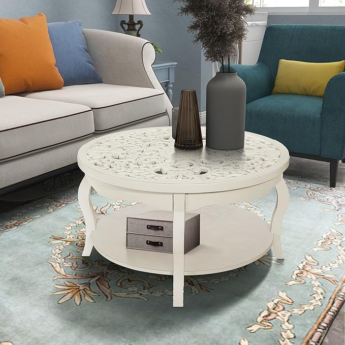 FINECASA Round White Coffee Table, 33.7x19 inches, Glass Top, Vintage Boho Design, Wood, White Patterned - LeafyLoom